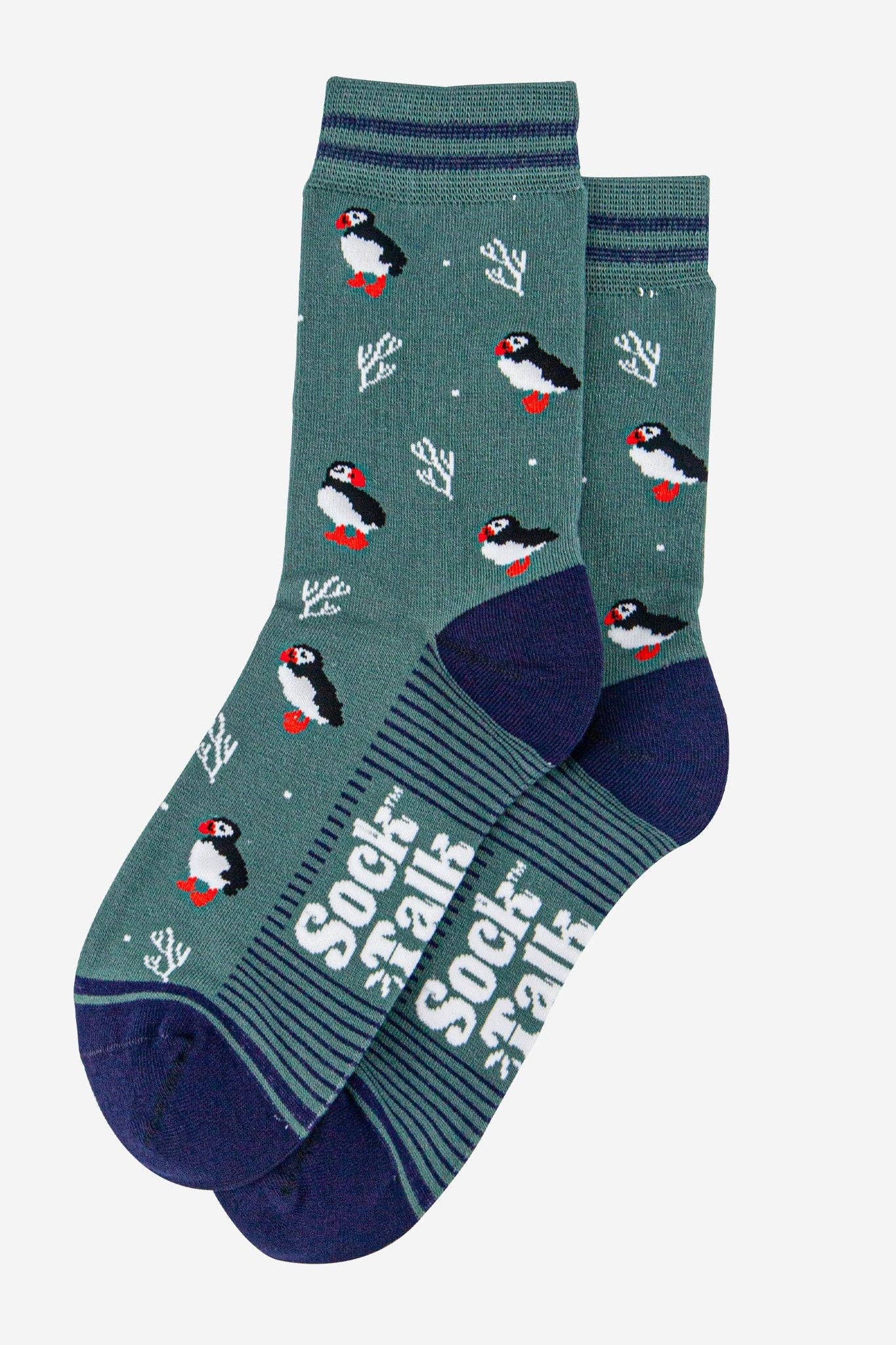 Women's Bamboo Socks - Sage Green/Navy Blue, Puffins and Coral