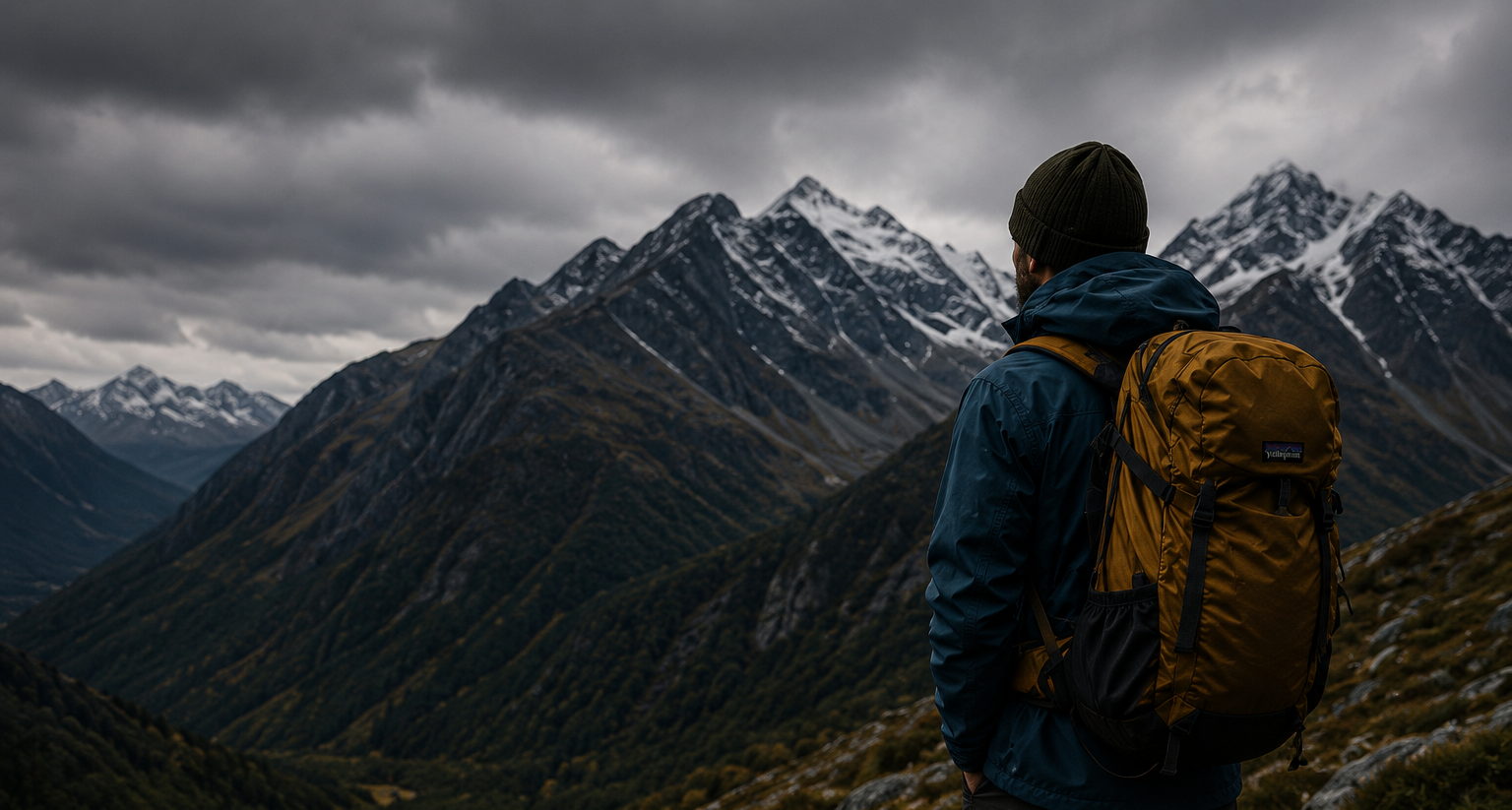 Person with a backpack standing on a mountain peak under a cloudy sky