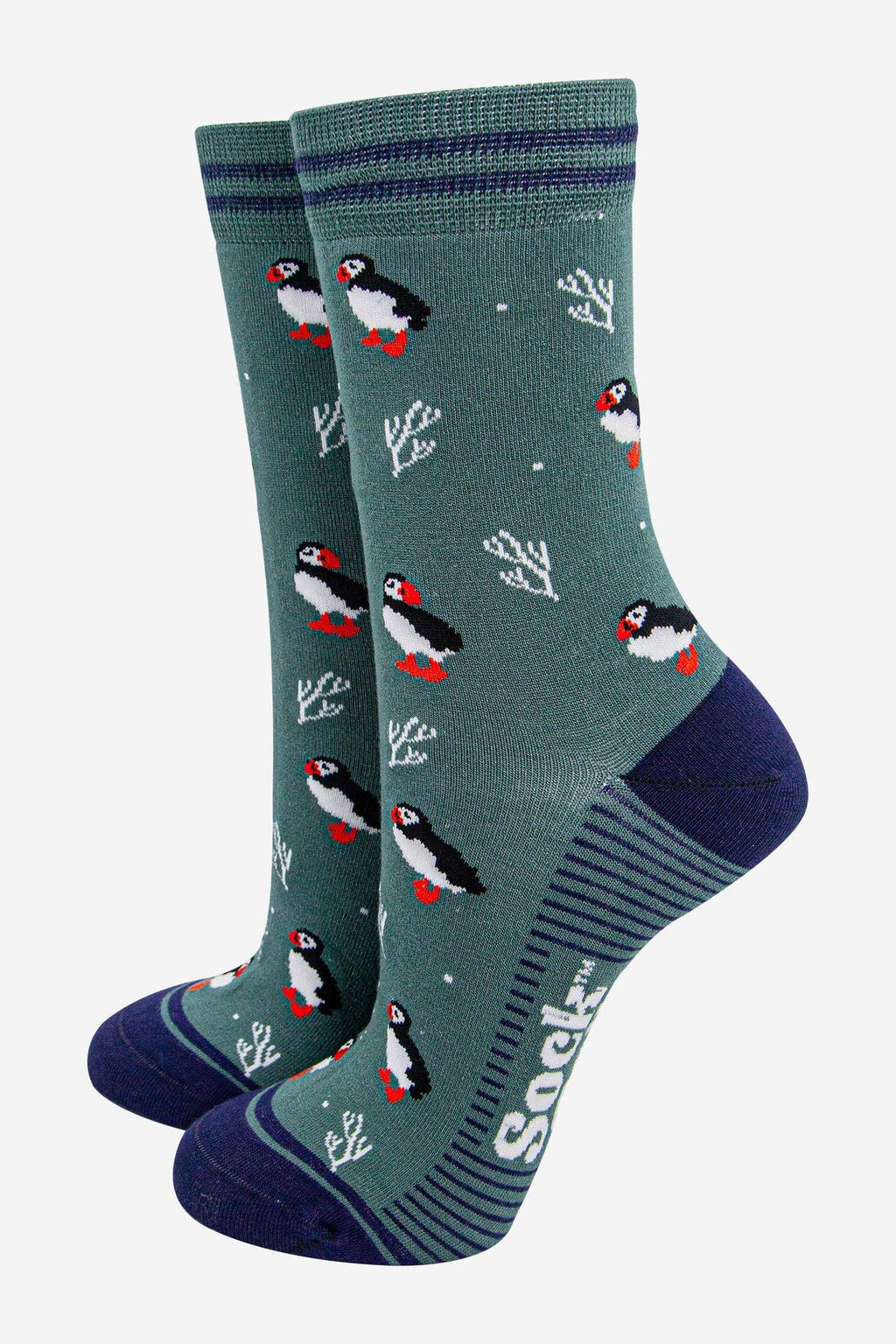 Women's Bamboo Socks - Sage Green/Navy Blue, Puffins and Coral